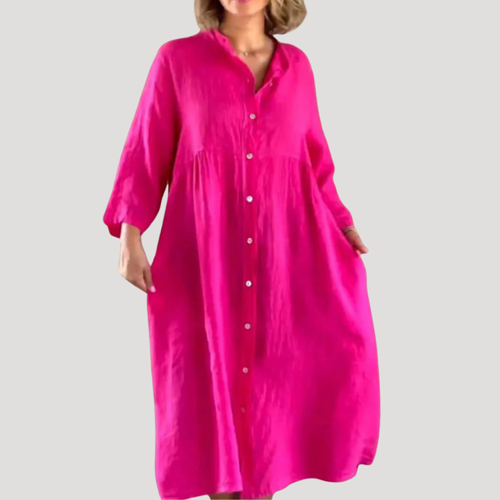 Women's Shirt Dress Maxi Long Sleeve Button Collared Linen