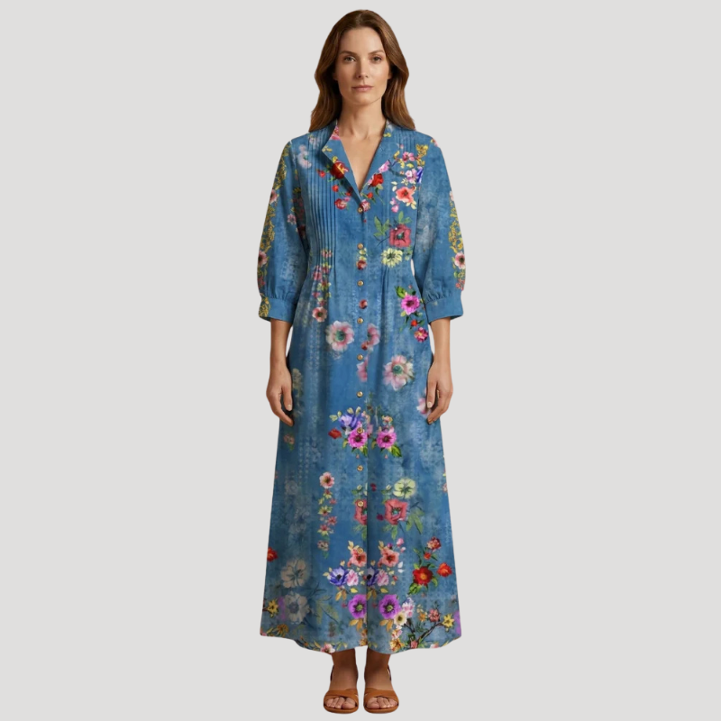 Women's Floral Maxi Shirt Dress Long Sleeve Button Front