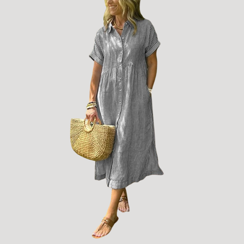 Women's Linen Dress Shirt Dress Midi Short Sleeve Summer