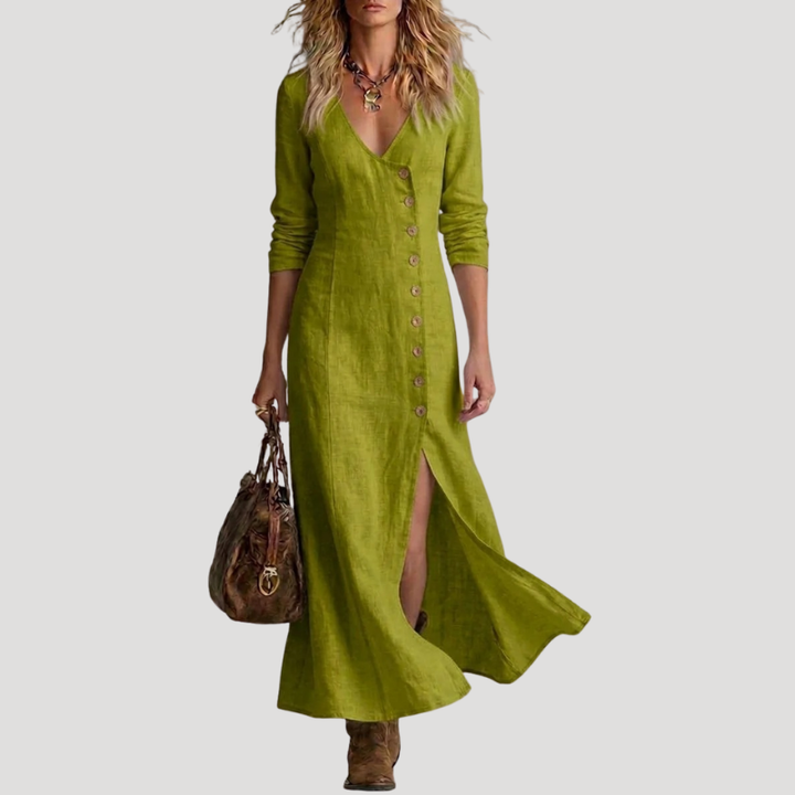 Women's Linen Dress Maxi Dress Button V Neck Long Sleeve