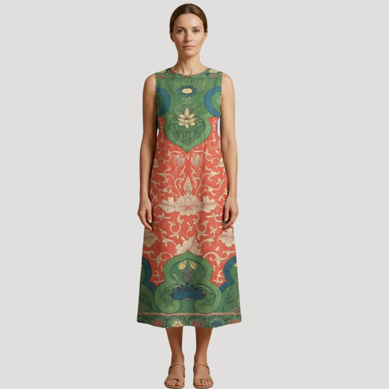 Women's Printed Midi Dress Sleeveless Round Neck A Line