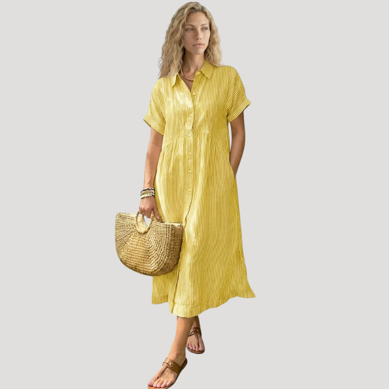 Women's Striped Midi Shirt Dress Short Sleeve Collared Casual Summer