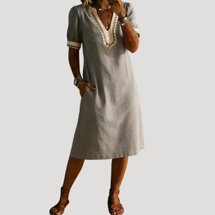 Women's Linen Dress Casual Midi V Neck Short Sleeve Loose