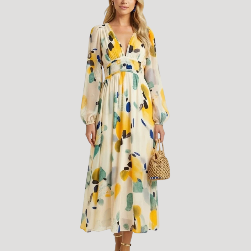 Women's Dress Floral Maxi Wrap V Neck Long Sleeve Boho