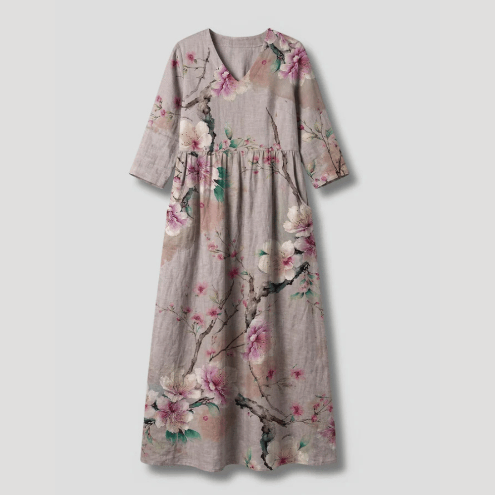 Women's Floral Maxi V Neck Printed Boho Three Quarter Sleeves