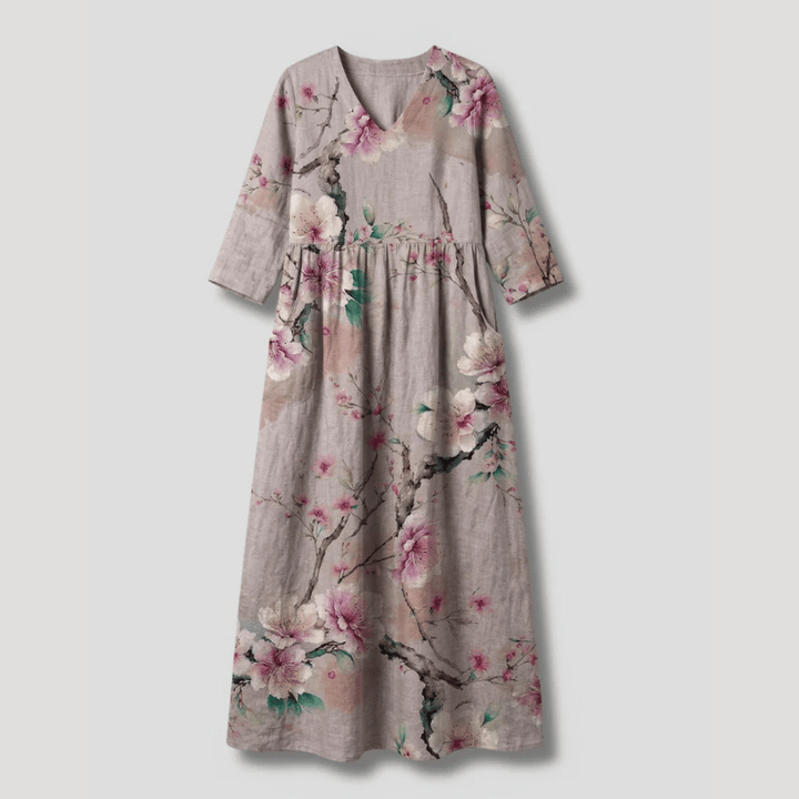 Women's Floral Maxi V Neck Printed Boho Three Quarter Sleeves