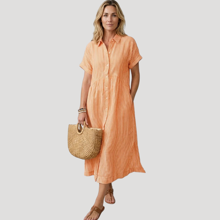 Women's Striped Midi Shirt Dress Short Sleeve Collared Casual Summer