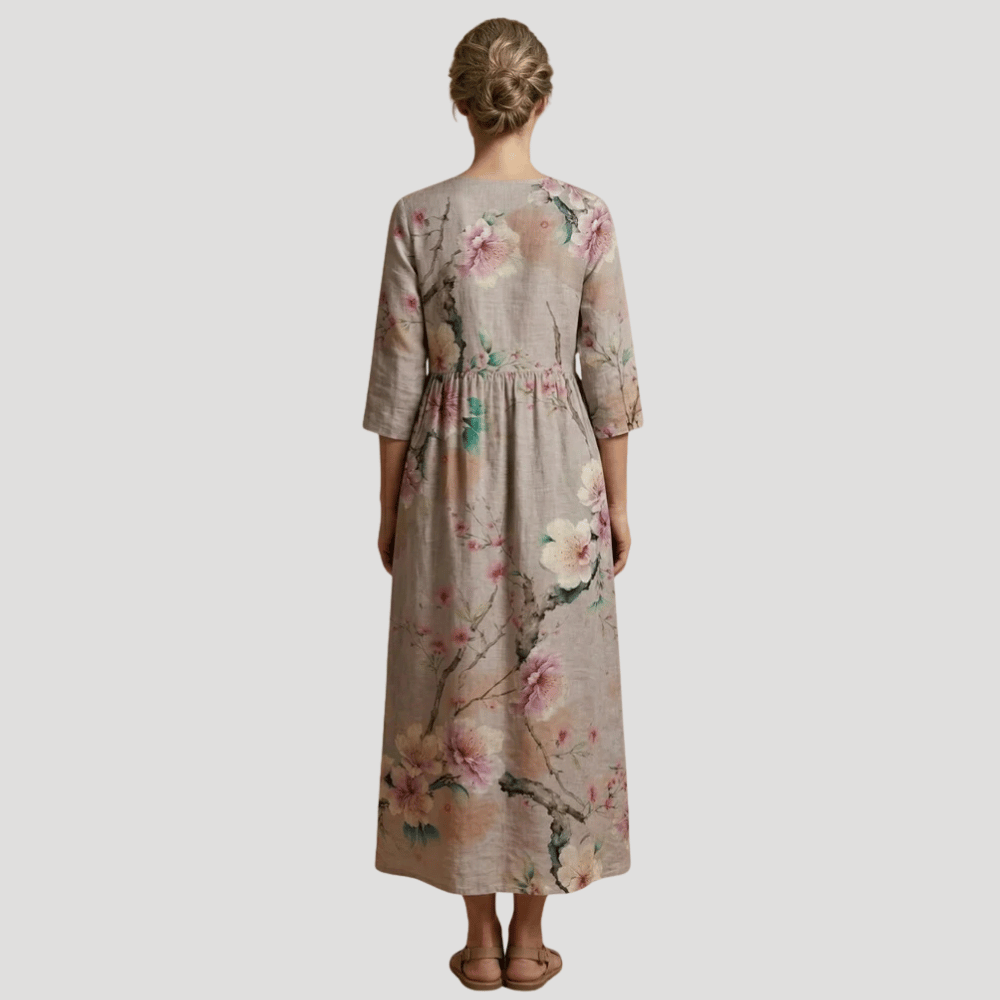 Women's Floral Maxi V Neck Printed Boho Three Quarter Sleeves