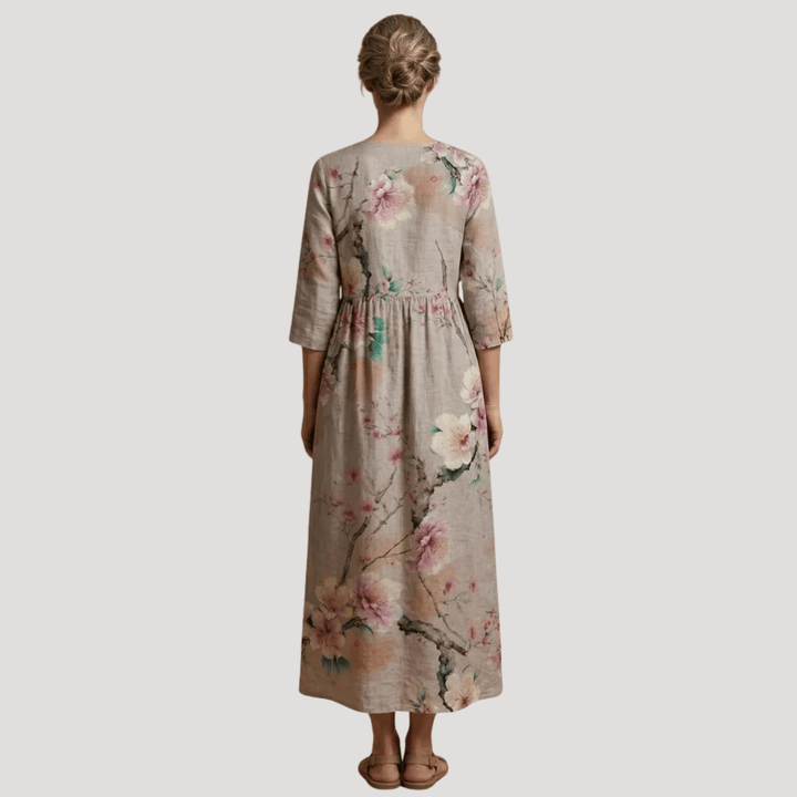 Women's Floral Maxi V Neck Printed Boho Three Quarter Sleeves