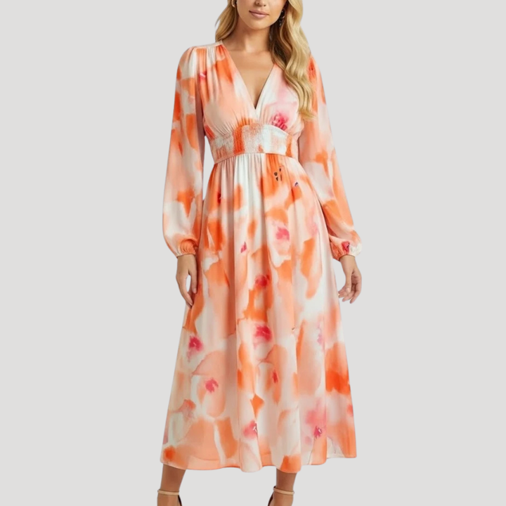 Women's Dress Floral Maxi Wrap V Neck Long Sleeve Boho
