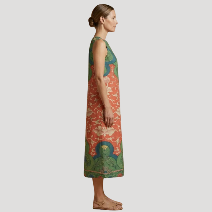Women's Printed Midi Dress Sleeveless Round Neck A Line