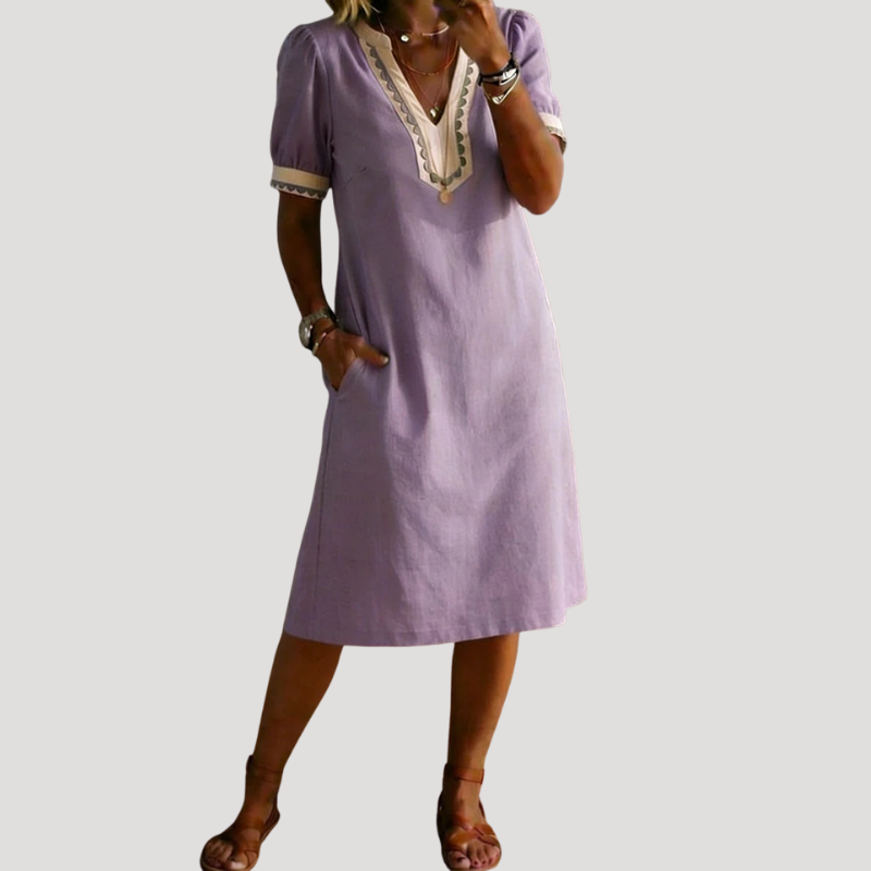 Women's Linen Dress Casual Midi V Neck Short Sleeve Loose