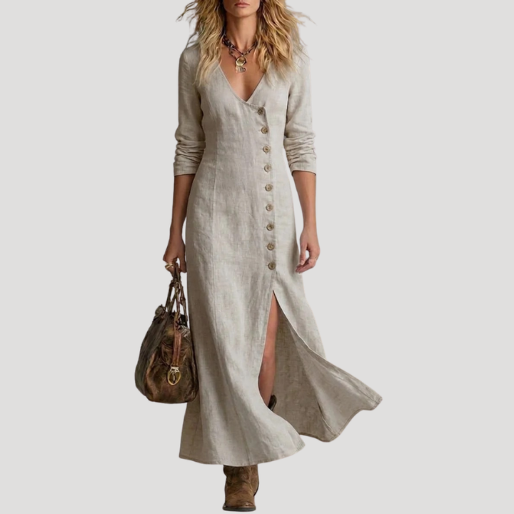 Women's Linen Dress Maxi Dress Button V Neck Long Sleeve
