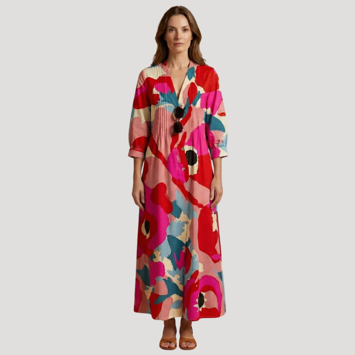 Women's Floral Maxi Shirt Dress Long Sleeve Button Front