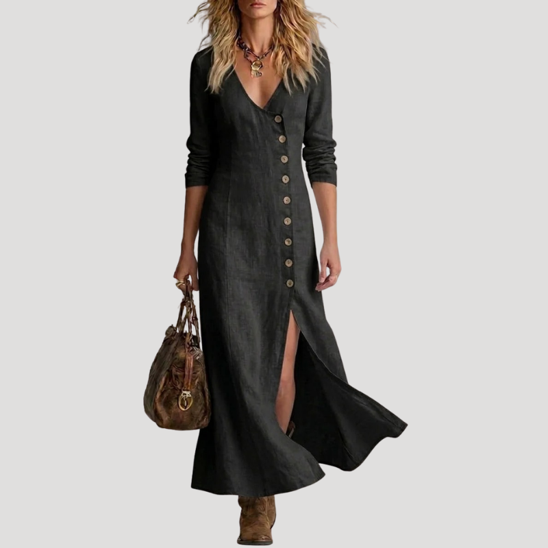 Women's Linen Dress Maxi Dress Button V Neck Long Sleeve