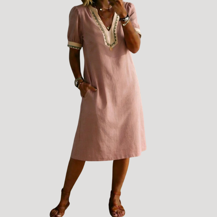Women's Linen Dress Casual Midi V Neck Short Sleeve Loose