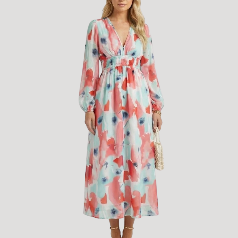 Women's Dress Floral Maxi Wrap V Neck Long Sleeve Boho