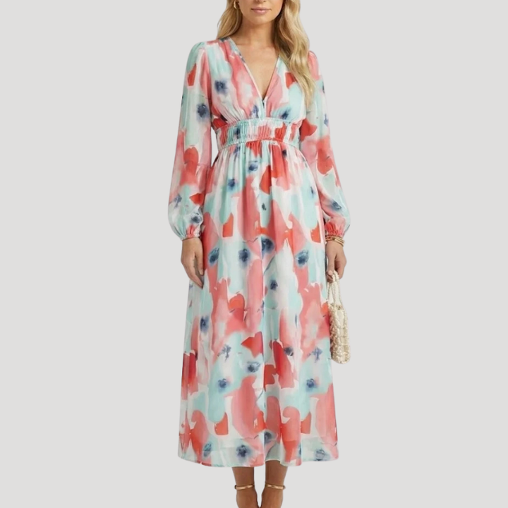Women's Dress Floral Maxi Wrap V Neck Long Sleeve Boho