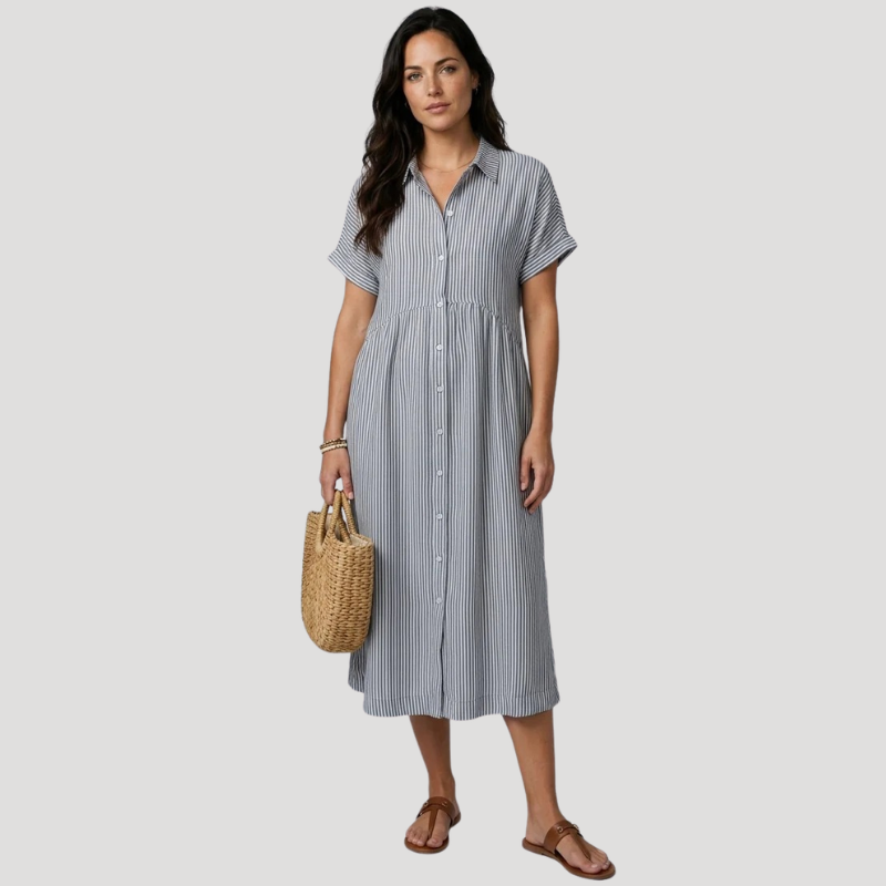 Women's Striped Midi Shirt Dress Short Sleeve Collared Casual Summer