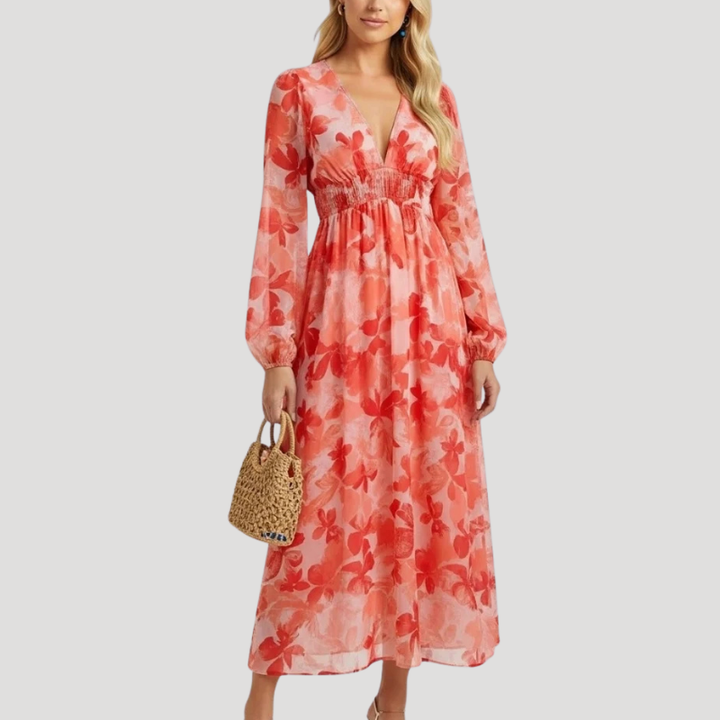 Women's Dress Floral Maxi Wrap V Neck Long Sleeve Boho