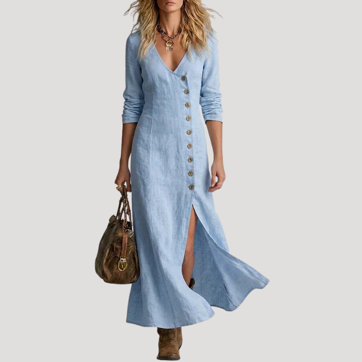 Women's Linen Dress Maxi Dress Button V Neck Long Sleeve