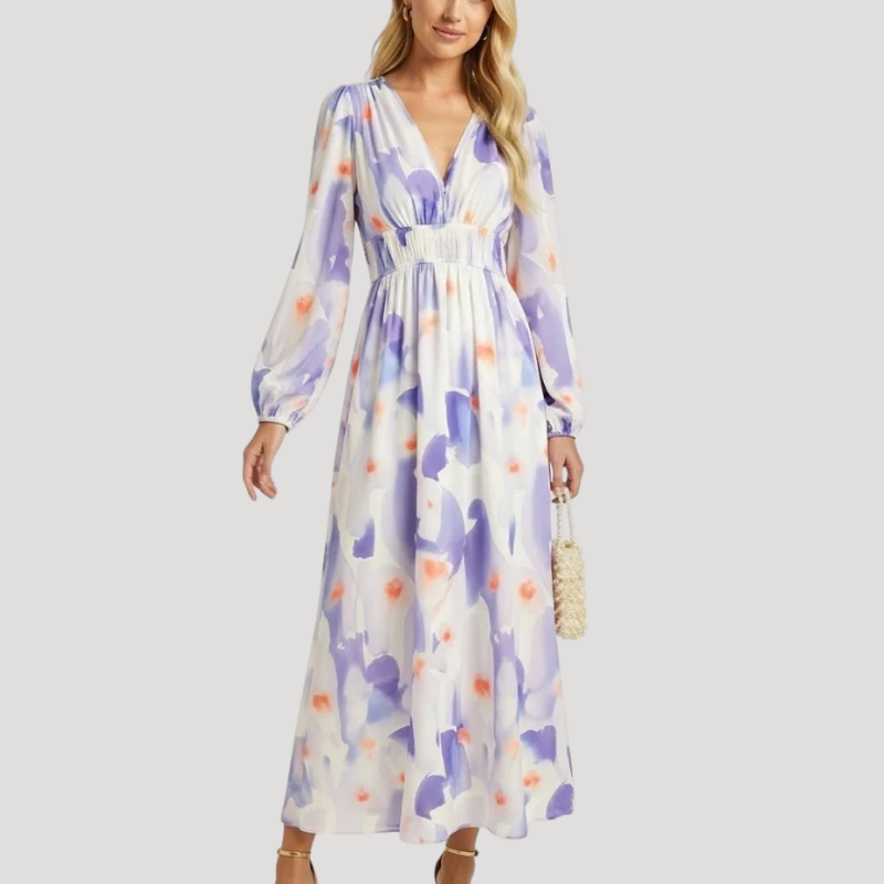 Women's Dress Floral Maxi Wrap V Neck Long Sleeve Boho