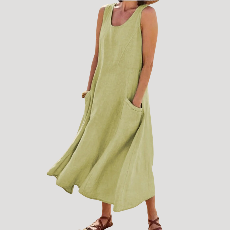 Women's Linen Dress Maxi Sleeveless Tank Loose Pocket Casual