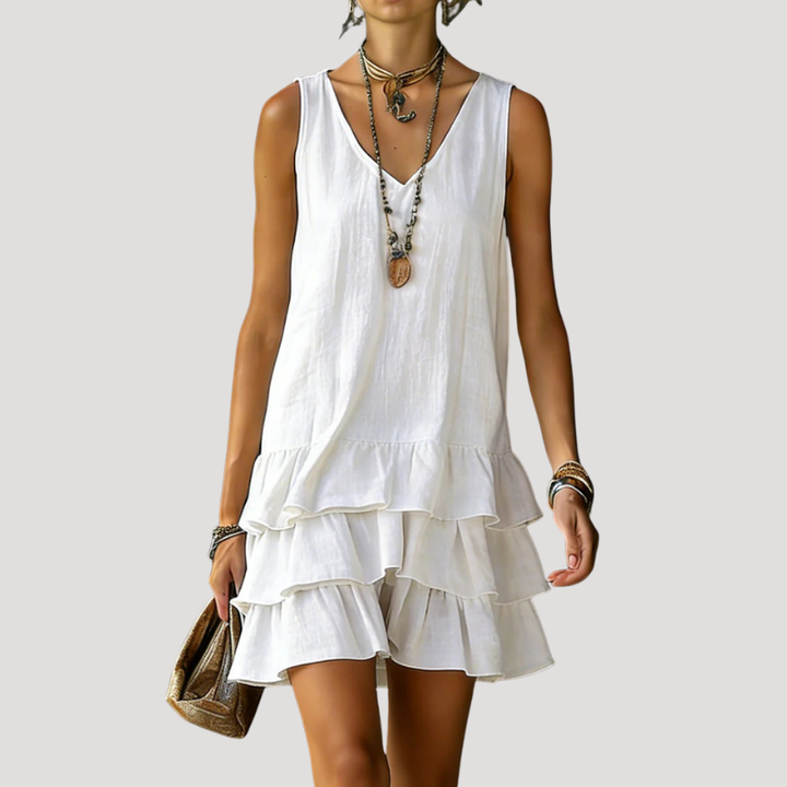 Women's Sleeveless Tiered Mini Dress Linen Beach Wear