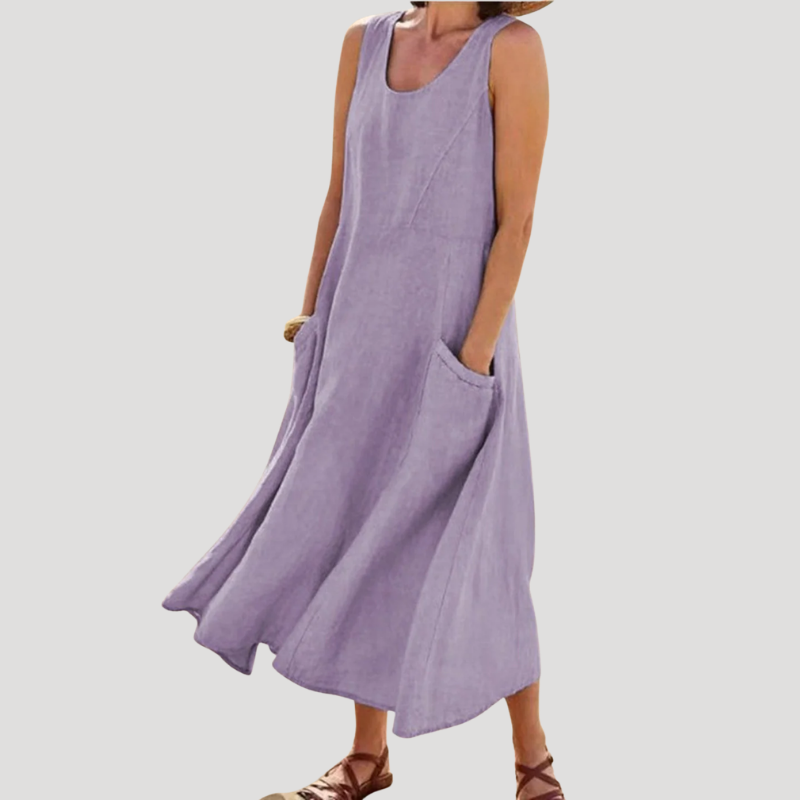 Women's Linen Dress Maxi Sleeveless Tank Loose Pocket Casual