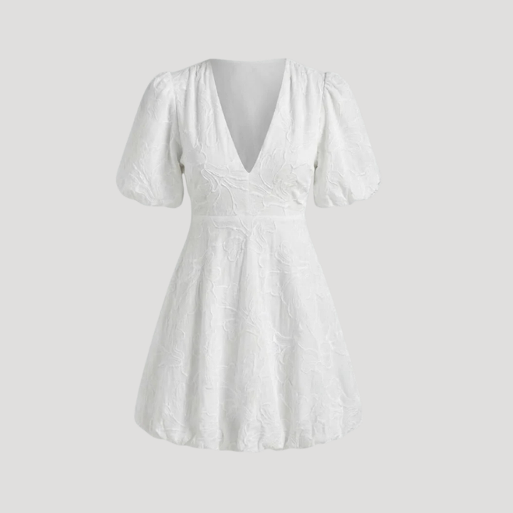 Women's White Mini Dress V Neck Puff Sleeve Summer