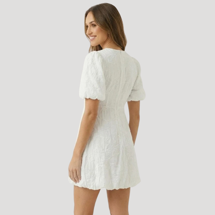 Women's White Mini Dress V Neck Puff Sleeve Summer