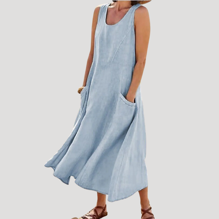 Women's Linen Dress Maxi Sleeveless Tank Loose Pocket Casual