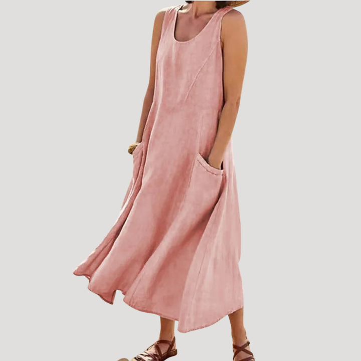 Women's Linen Dress Maxi Sleeveless Tank Loose Pocket Casual