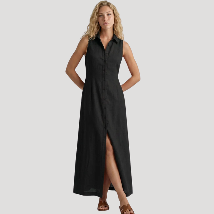 Women's Sleeveless Maxi Shirt Dress Collared Split Hem