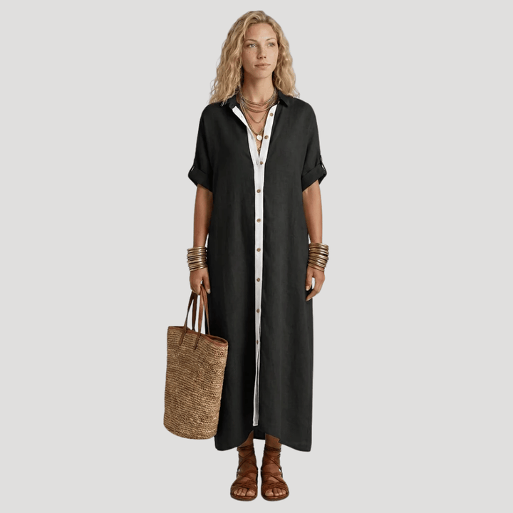 Women's Midi Shirt Collared Short Sleeve Button Contrast Casual