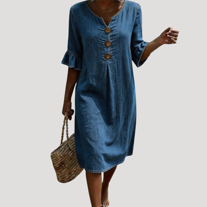 Women's Denim Dress Midi Casual V Neck Shift Button