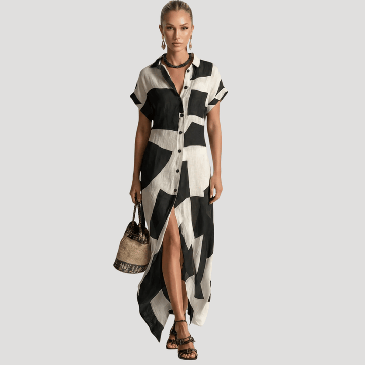 Women's Printed Maxi Shirt Dress Short Sleeve Collared Split