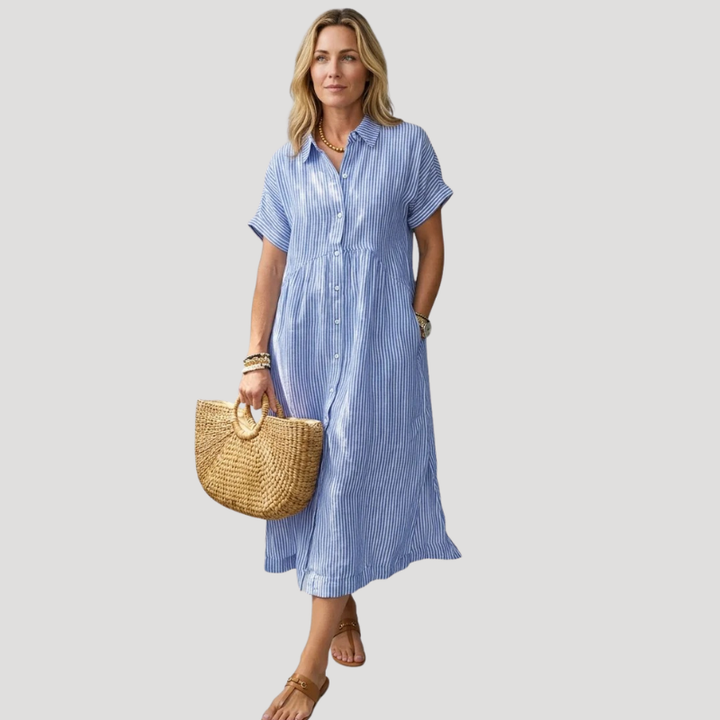 Women's Striped Midi Shirt Dress Short Sleeve Collared Casual Summer