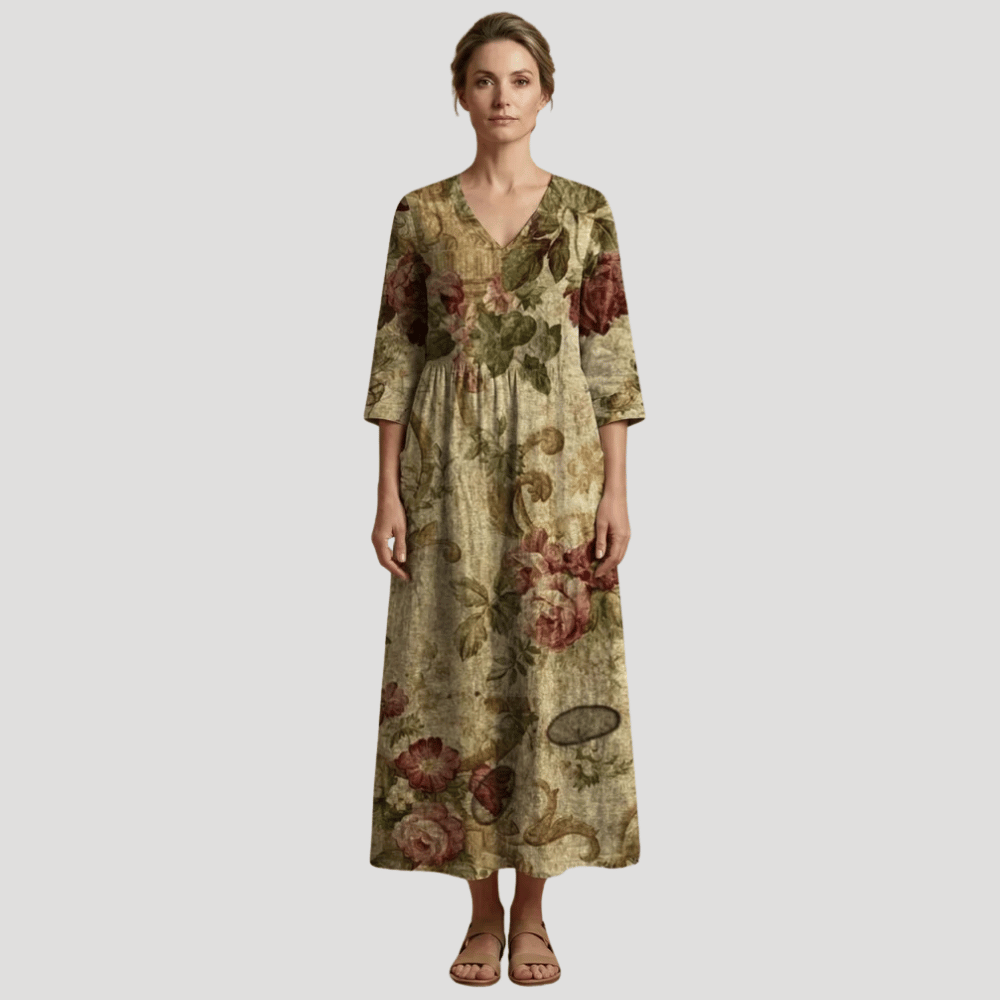 Women's Floral Maxi V Neck Printed Boho Three Quarter Sleeves