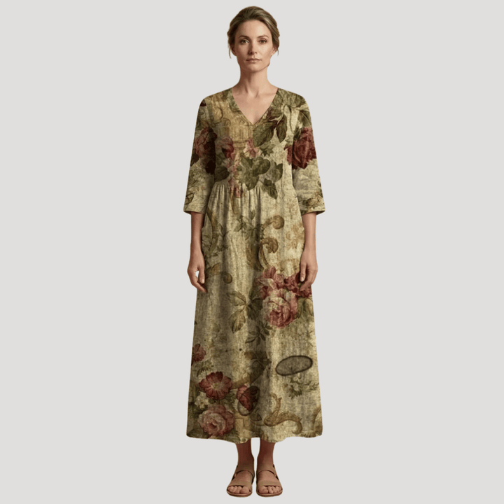 Women's Floral Maxi V Neck Printed Boho Three Quarter Sleeves