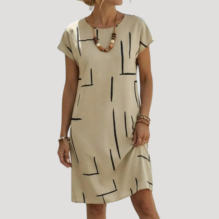 Women's Linen Dress Casual Printed Midi Shift Short Sleeve Loose