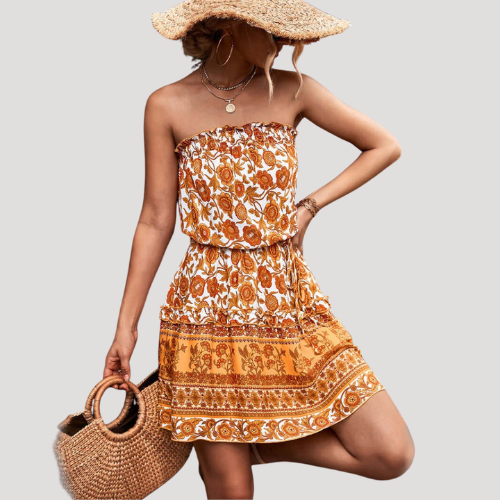 Women's Strapless Mini Dress Boho Floral Printed Summer Casual
