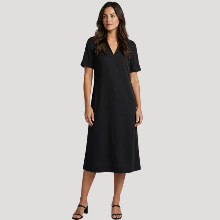 Women's Black Midi Dress V Neck Short Sleeve Casual
