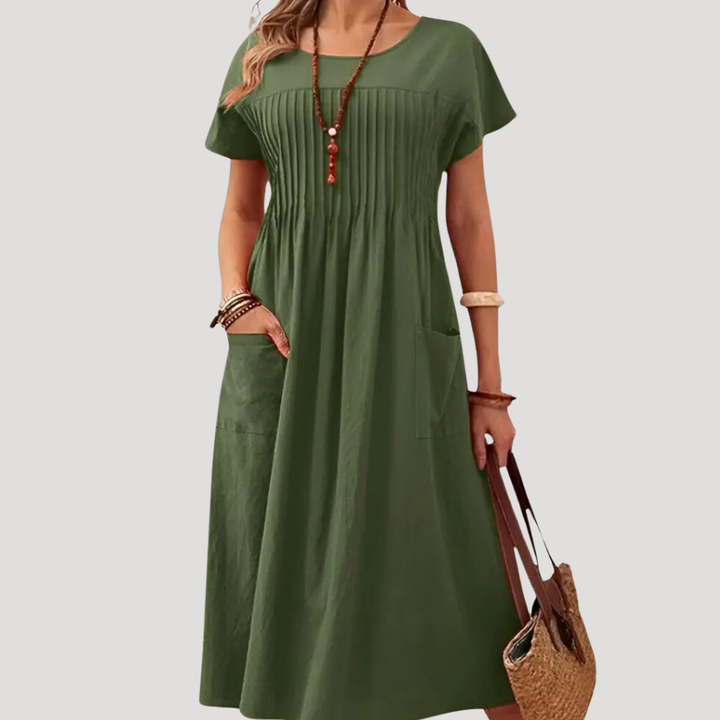Women's Midi Dress Summer Casual Short Sleeve Pleated Pocket
