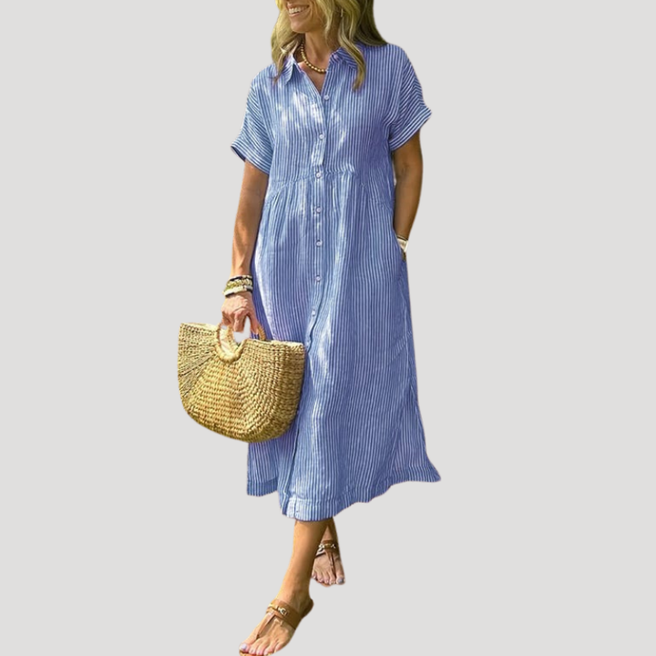 Women's Linen Dress Shirt Dress Midi Short Sleeve Summer