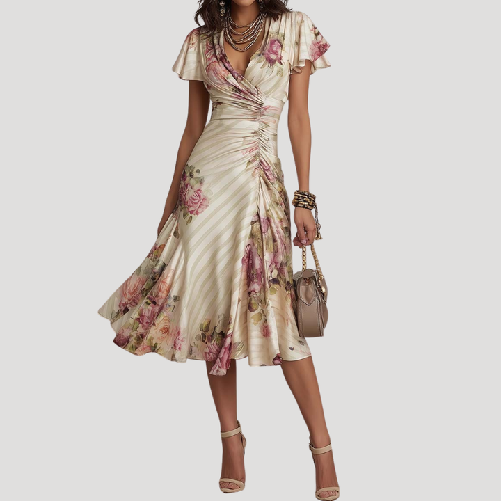 Women's Beige Printed Mini Dress V Neck Casual