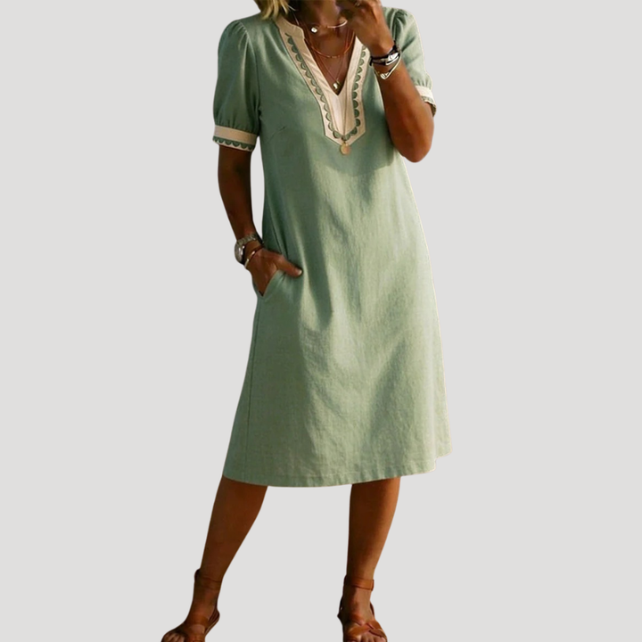Women's Linen Midi Dress V Neck Casual