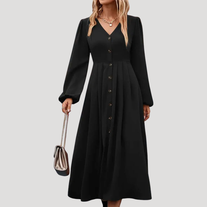 Women's Maxi Dress Long Sleeve V Neck Button Front