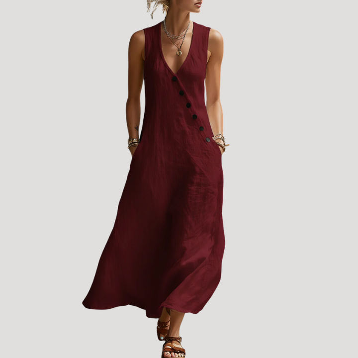 Women's Linen Dress Maxi Dress Sleeveless Button V Neck