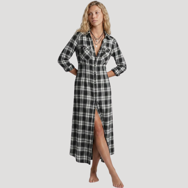 Women's Maxi Shirt Dress Long Sleeve Plaid Check Button Front Casual